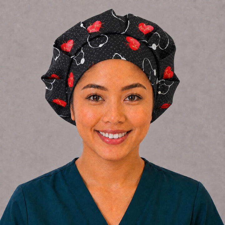 Cardiology Bouffant Scrub Cap All-Over Print | Heartbeat EKG Hearts &amp; Stethoscopes on Black | Adjustable Nurse Surgical Hat