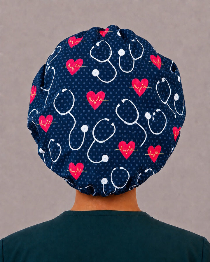 Cardiology Bouffant Scrub Cap All-Over Print | Heartbeat EKG Hearts &amp; Stethoscopes on Black | Adjustable Nurse Surgical Hat