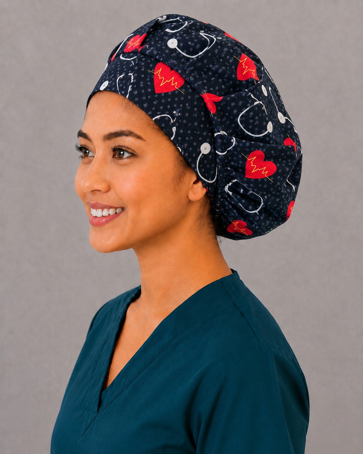 Cardiology Bouffant Scrub Cap All-Over Print | Heartbeat EKG Hearts &amp; Stethoscopes on Black | Adjustable Nurse Surgical Hat