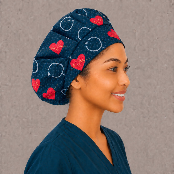 Cardiology Bouffant Scrub Cap All-Over Print | Heartbeat EKG Hearts &amp; Stethoscopes on Black | Adjustable Nurse Surgical Hat
