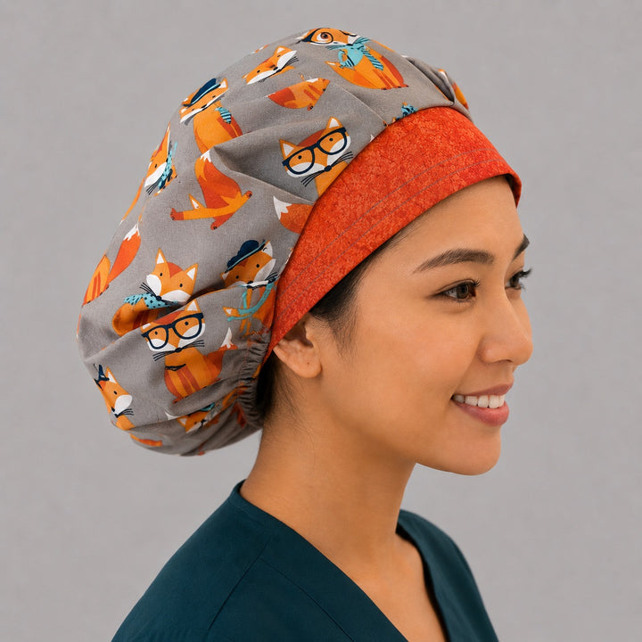 Fox print bouffant scrub cap for women with long hair, side profile on nurse, orange fox surgical hat handmade USA - OR World