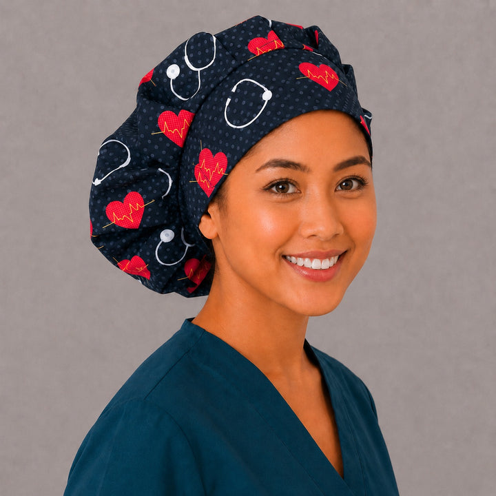 Cardiology Bouffant Scrub Cap All-Over Print | Heartbeat EKG Hearts &amp; Stethoscopes on Black | Adjustable Nurse Surgical Hat