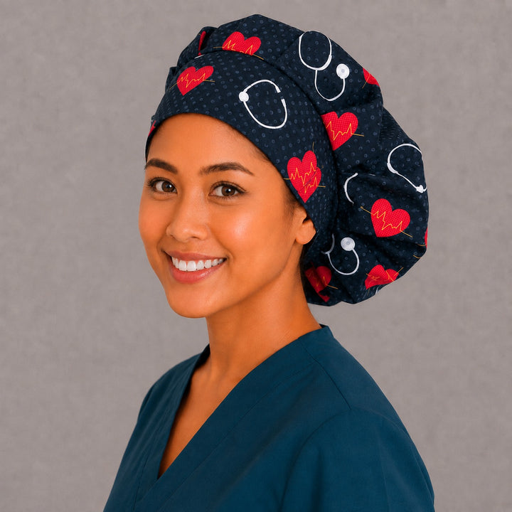 Cardiology Bouffant Scrub Cap All-Over Print | Heartbeat EKG Hearts &amp; Stethoscopes on Black | Adjustable Nurse Surgical Hat