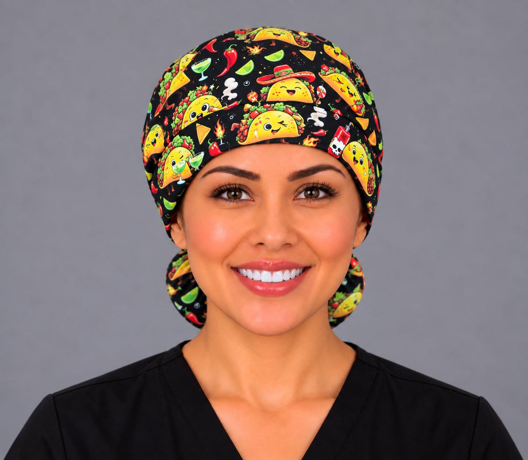 Three-quarter view of a woman in the satin lined option taco OR cap showing how the print wraps from the front band into the ponytail pouch