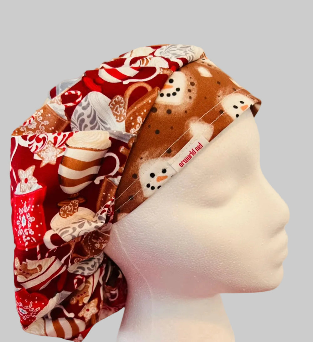 Christmas hot chocolate and marshmallow bouffant scrub cap with festive cocoa mugs, peppermint, gingerbread cookies, marshmallows, snowflakes, and snowman band for nurses, surgeons, dietitians, and medical professionals, right side view.