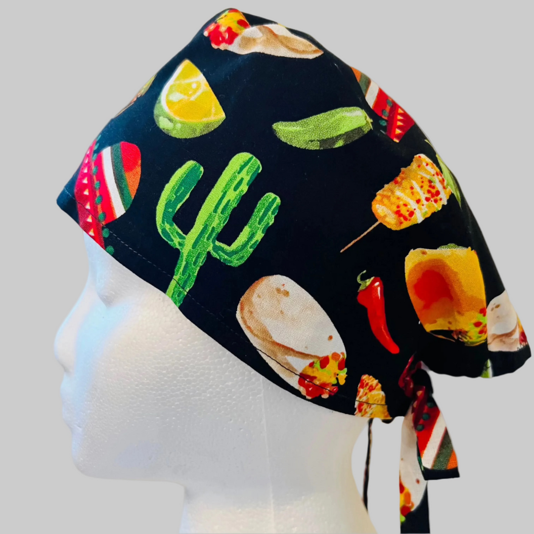Cinco de Mayo fiesta traditional tie-back scrub cap with taco cactus chili pepper and Mexican food print side view for nurses