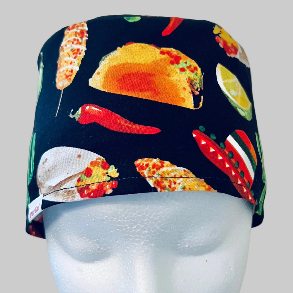 Cinco de Mayo fiesta traditional tie-back scrub cap with taco cactus chili pepper and Mexican food print front view for nurses