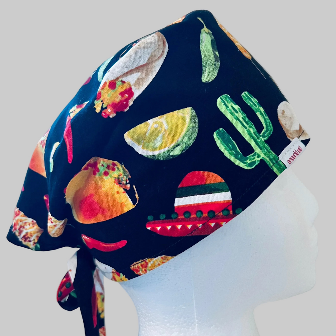 Cinco de Mayo fiesta traditional tie-back scrub cap with taco cactus chili pepper and Mexican food print side view for nurses