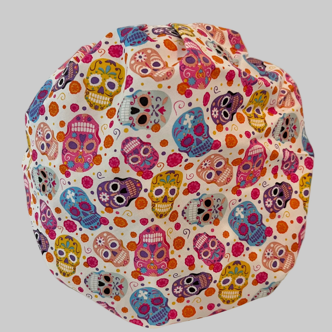 Colorful Sugar Skull Bouffant Scrub Cap – Day of the Dead Floral Surgical Hat – Bright Skull Nurse Hat, Halloween Medical Cap