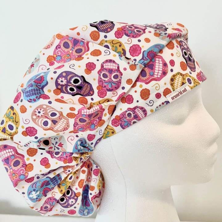 Colorful Sugar Skull Bouffant Scrub Cap – Day of the Dead Floral Surgical Hat – Bright Skull Nurse Hat, Halloween Medical Cap