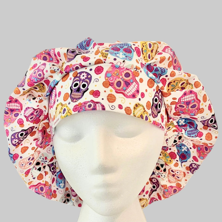 Colorful Sugar Skull Bouffant Scrub Cap – Day of the Dead Floral Surgical Hat – Bright Skull Nurse Hat, Halloween Medical Cap