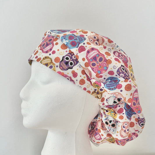 Colorful Sugar Skull Bouffant Scrub Cap – Day of the Dead Floral Surgical Hat – Bright Skull Nurse Hat, Halloween Medical Cap