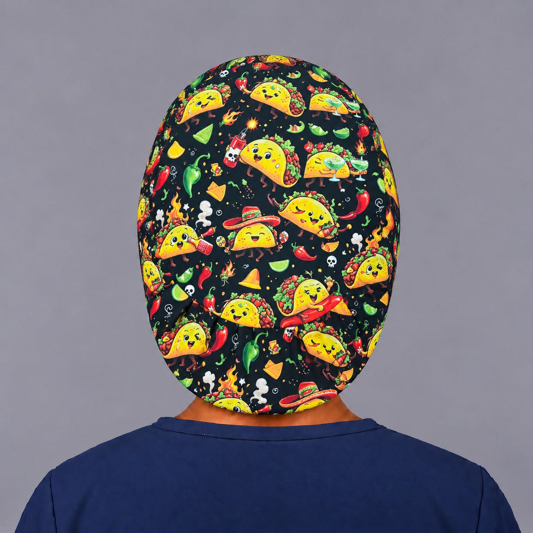 Back view of the funny taco OR cap showing full long-hair coverage and the gathered adjustable elastic with toggle at the nape