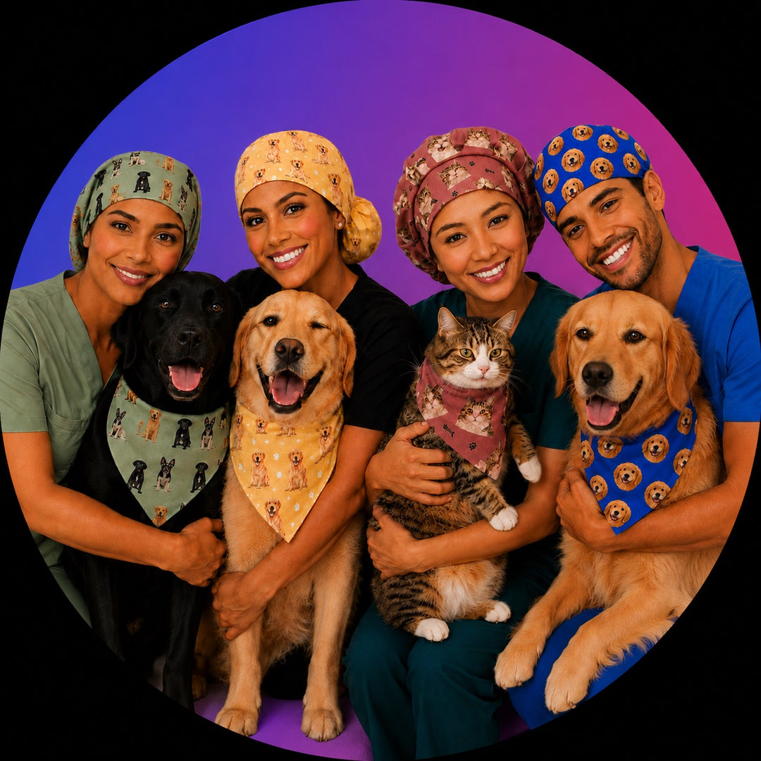 Hero image of custom photo scrub caps featuring bouffant, ponytail, men's traditional tie back, and euro scrub cap styles with personalized photo printing. Create custom scrub hats with your pets, family photos, logos, or favorite pictures, available for individual and bulk orders. Optional matching pet bandana, satin lining, embroidery, and custom text personalization for nurses, surgical techs, veterinarians, doctors, and healthcare teams.