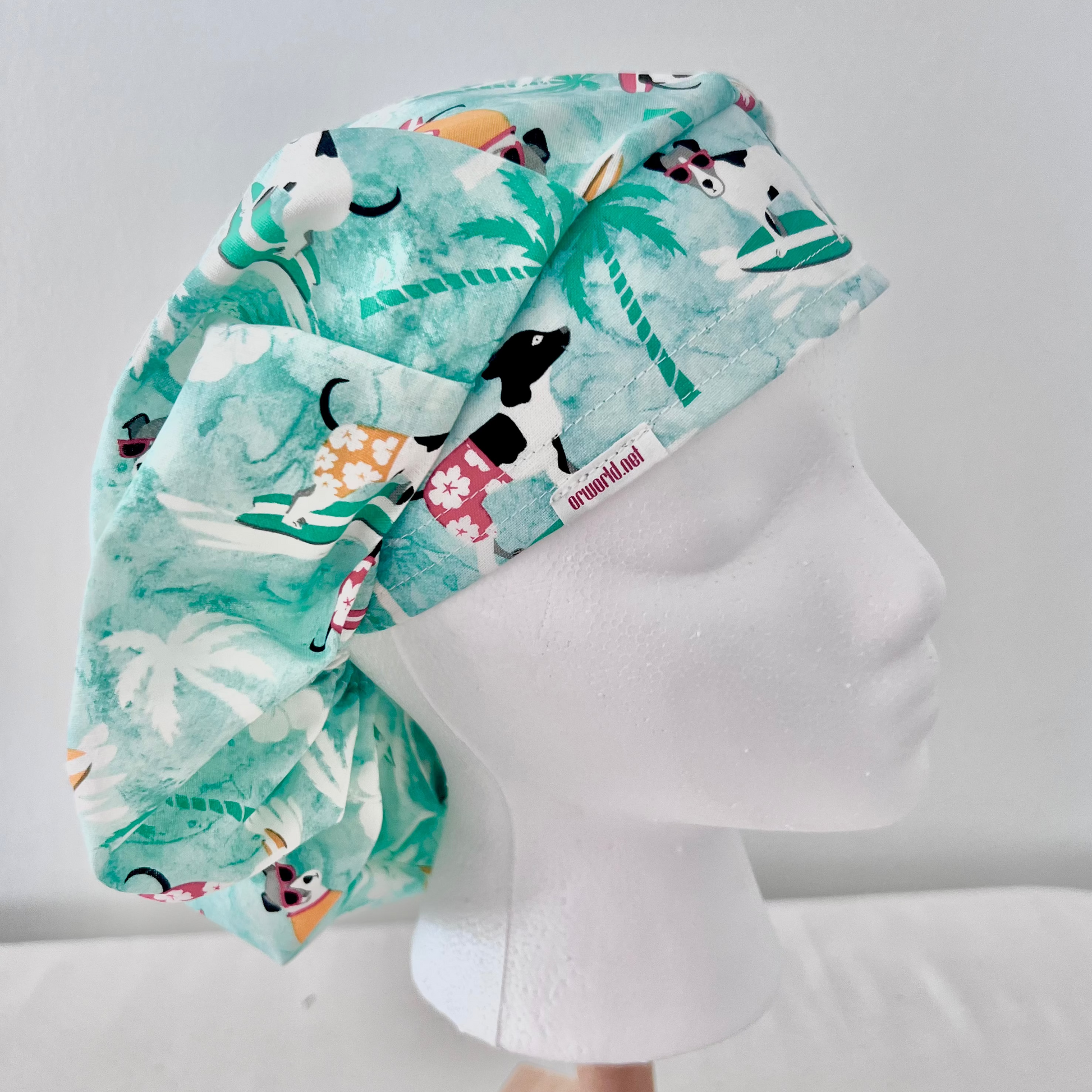 Dog Surfing Bouffant Scrub Cap | Tropical Beach Dogs Hat | Ocean Waves Veterinary Cap | Summer Hair Coverage Scrub Hat
