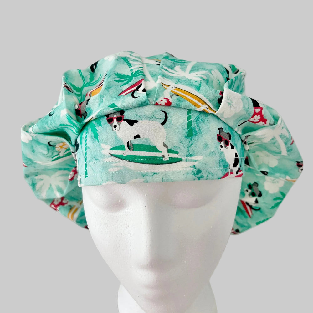 Dog Surfing Bouffant Scrub Cap | Tropical Beach Dogs Hat | Ocean Waves Veterinary Cap | Summer Hair Coverage Scrub Hat
