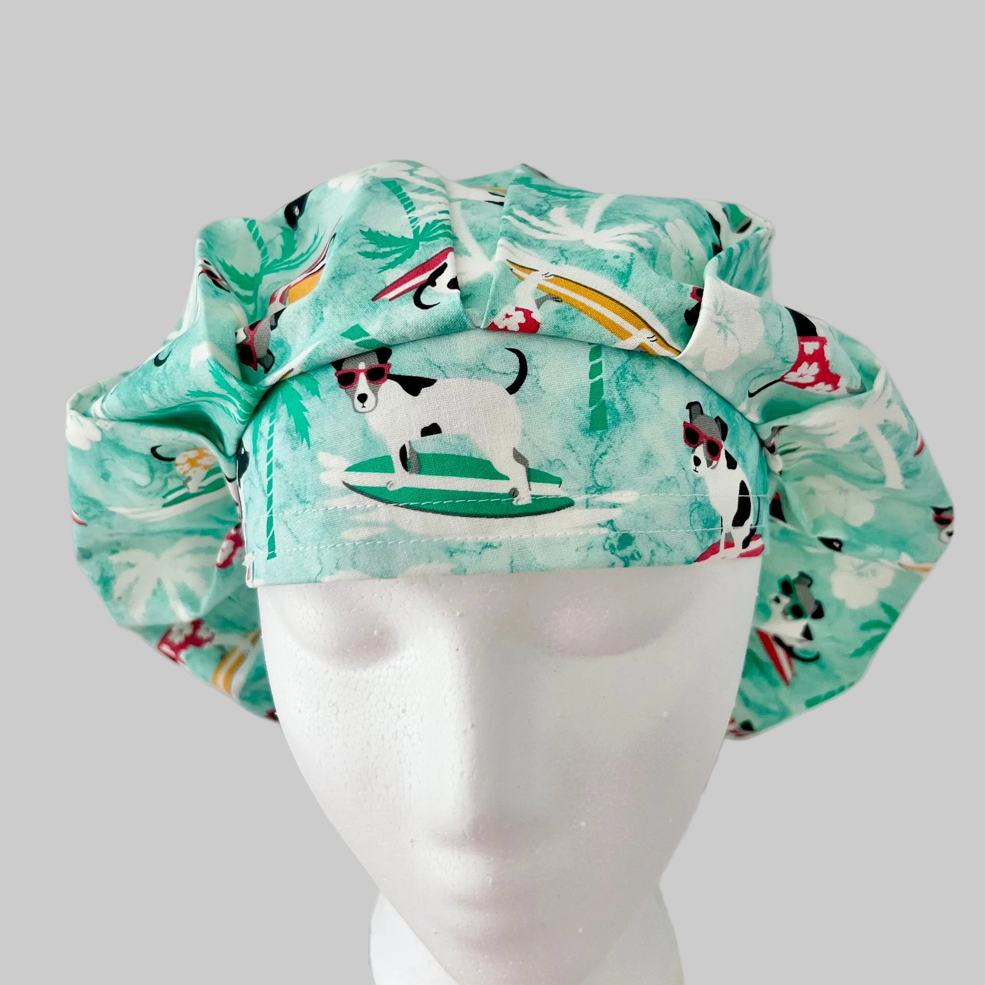 Dog Surfing Bouffant Scrub Cap | Tropical Beach Dogs Hat | Ocean Waves Veterinary Cap | Summer Hair Coverage Scrub Hat