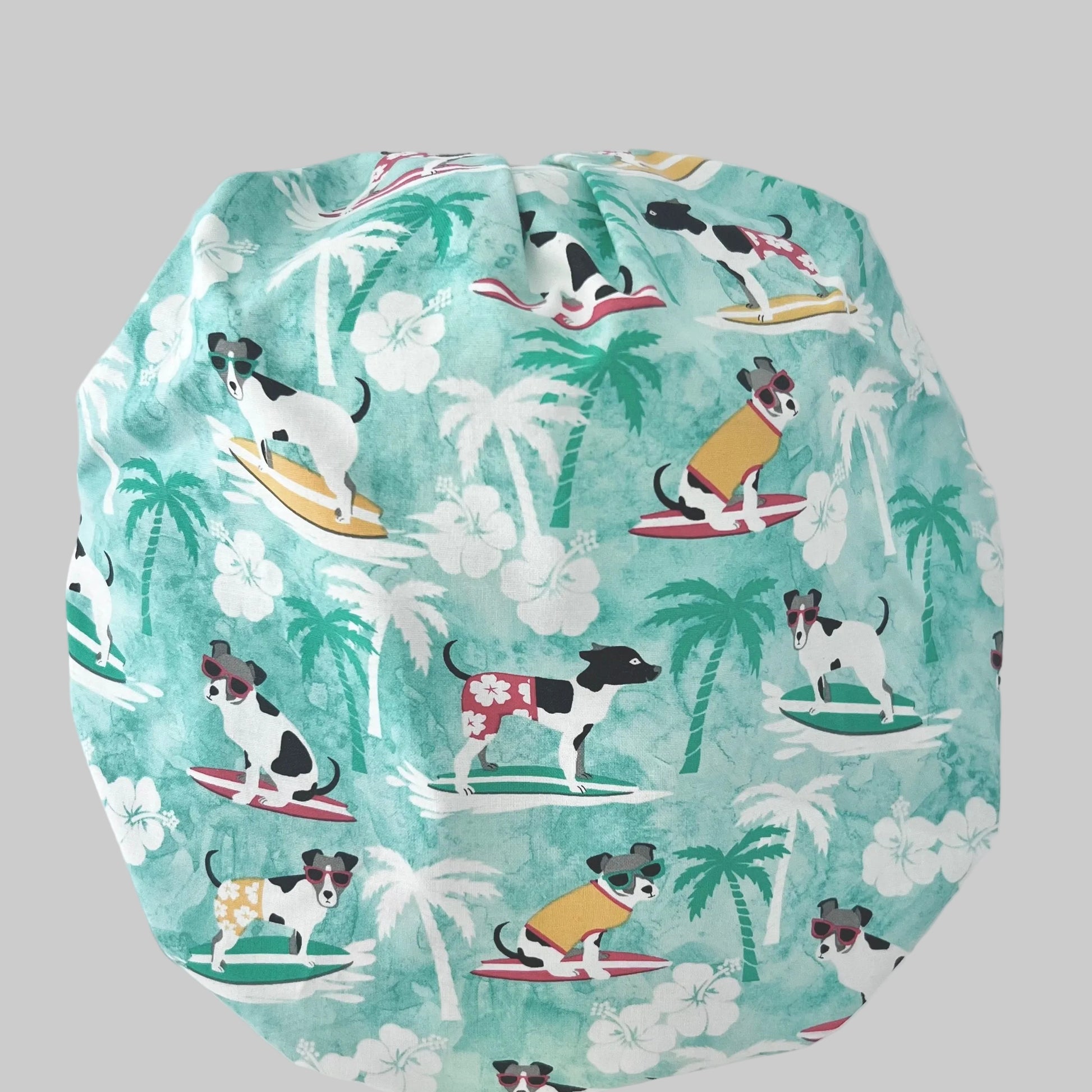 Dog Surfing Bouffant Scrub Cap | Tropical Beach Dogs Hat | Ocean Waves Veterinary Cap | Summer Hair Coverage Scrub Hat