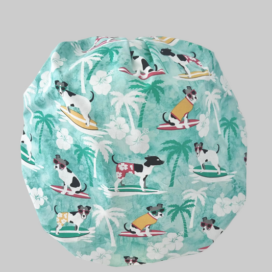 Dog Surfing Bouffant Scrub Cap | Tropical Beach Dogs Hat | Ocean Waves Veterinary Cap | Summer Hair Coverage Scrub Hat with contrasting band