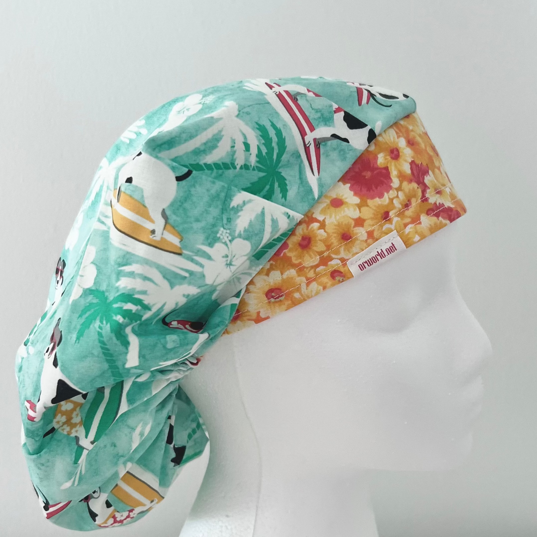 Dog Surfing Bouffant Scrub Cap | Tropical Beach Dogs Hat | Ocean Waves Veterinary Cap | Summer Hair Coverage Scrub Hat with contrasting band