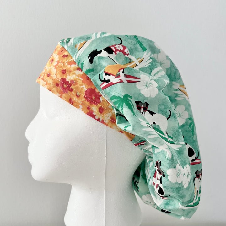 Dog Surfing Bouffant Scrub Cap | Tropical Beach Dogs Hat | Ocean Waves Veterinary Cap | Summer Hair Coverage Scrub Hat with contrasting band