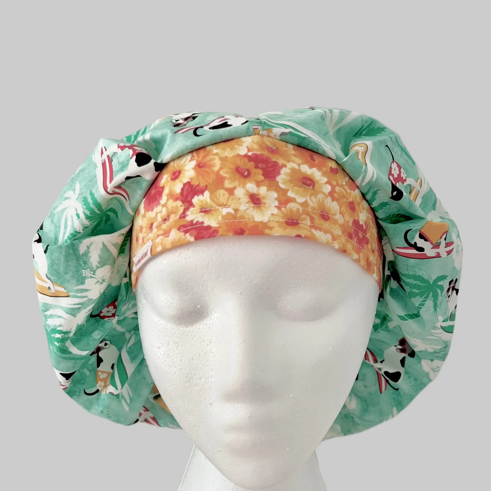 Dog Surfing Bouffant Scrub Cap | Tropical Beach Dogs Hat | Ocean Waves Veterinary Cap | Summer Hair Coverage Scrub Hat with contrasting band