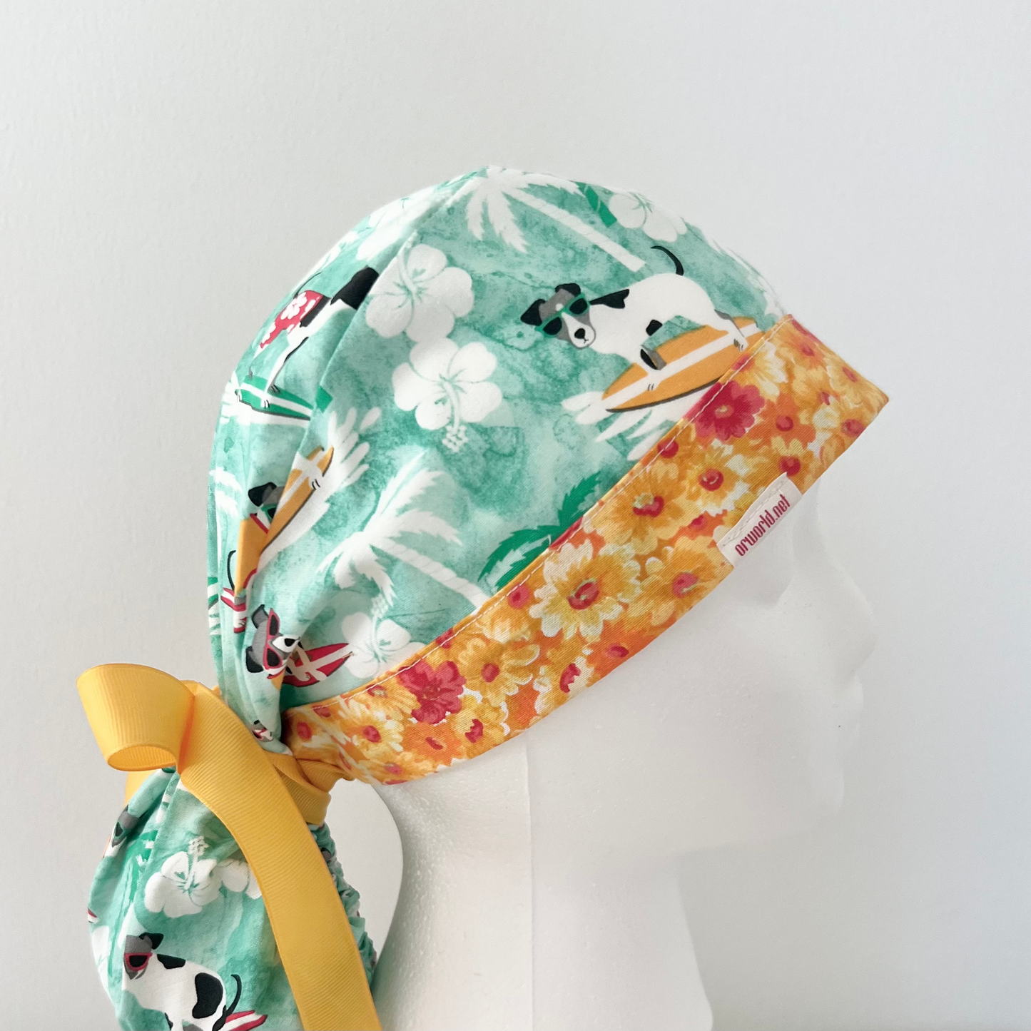 Dog Surfing Ponytail Scrub Cap | Tropical Beach Dog Hat | Ocean Waves Ponytail Surgical Cap | Summer Vet Tech Hat
