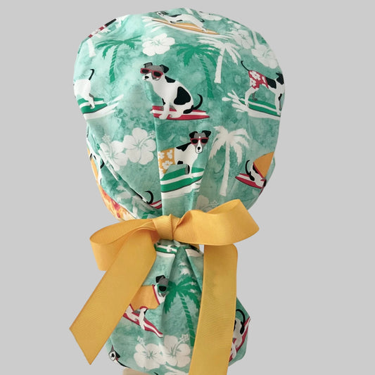 Dog Surfing Ponytail Scrub Cap | Tropical Beach Dog Hat | Ocean Waves Ponytail Surgical Cap | Summer Vet Tech Hat