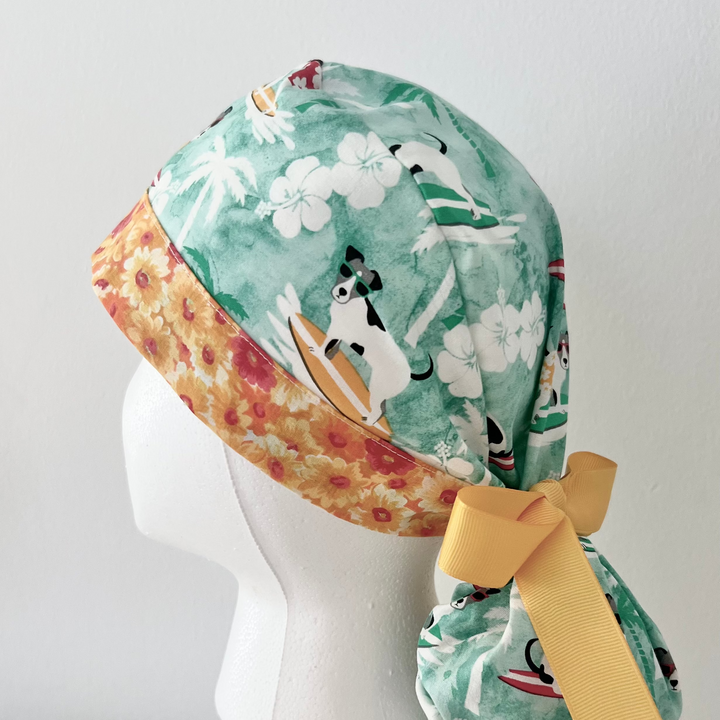 Dog Surfing Ponytail Scrub Cap | Tropical Beach Dog Hat | Ocean Waves Ponytail Surgical Cap | Summer Vet Tech Hat