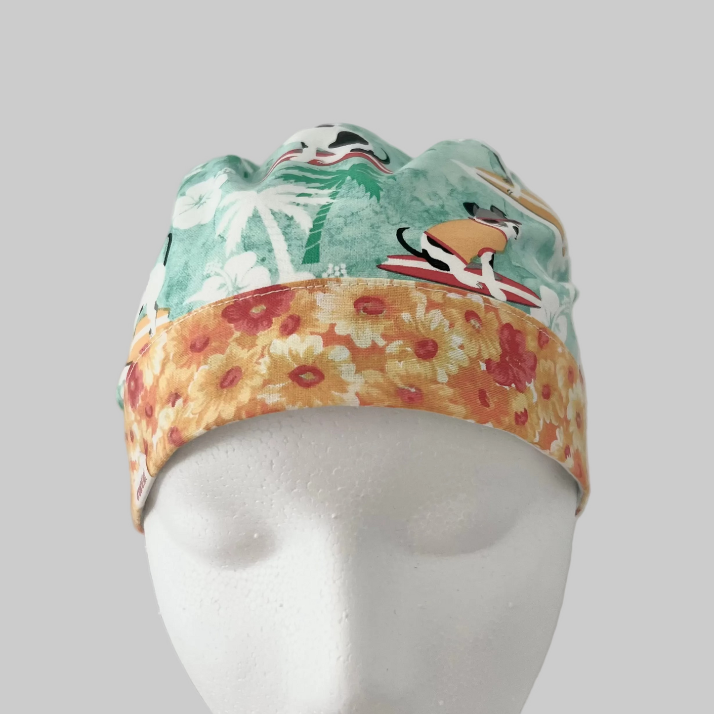Dog Surfing Ponytail Scrub Cap | Tropical Beach Dog Hat | Ocean Waves Ponytail Surgical Cap | Summer Vet Tech Hat