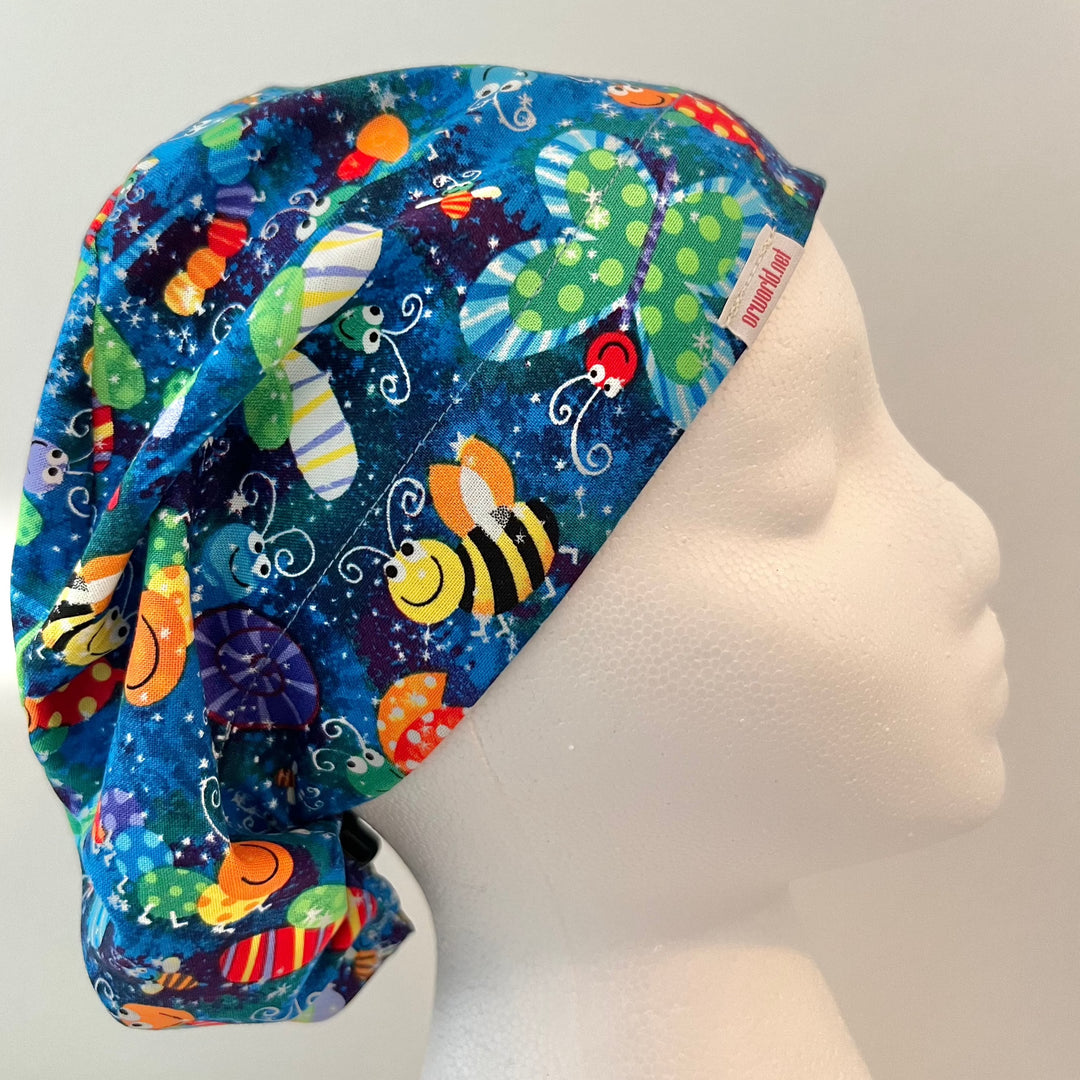 Euro Scrub Cap Colorful Bugs & Butterflies Print | Handmade Surgical Hat | Adjustable Unisex OR Cap for Nurses, Surgeons & Healthcare Professionals