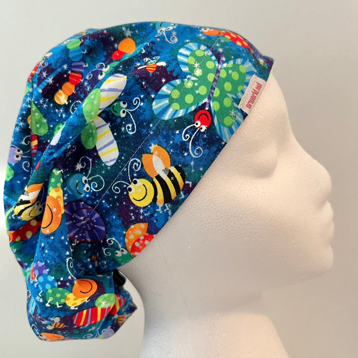 Euro Scrub Cap Colorful Bugs &amp; Butterflies Print | Handmade Surgical Hat | Adjustable Unisex OR Cap for Nurses, Surgeons &amp; Healthcare Professionals