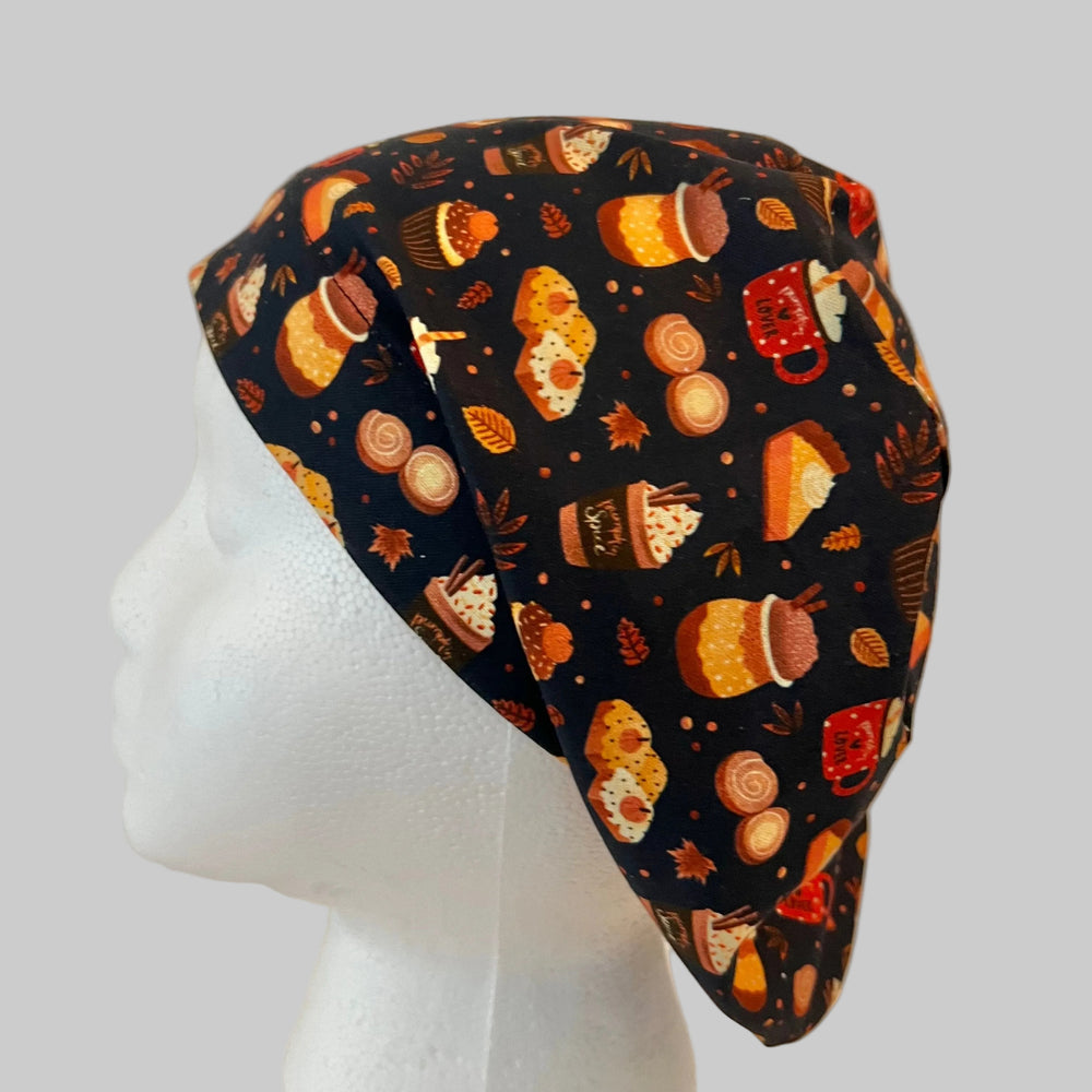 Euro Fall Pumpkin Spice Scrub Cap | Autumn Coffee & Dessert Surgical Hat | Adjustable OR Cap for Nurses & Surgeons | Satin Lining Option | Side View 1