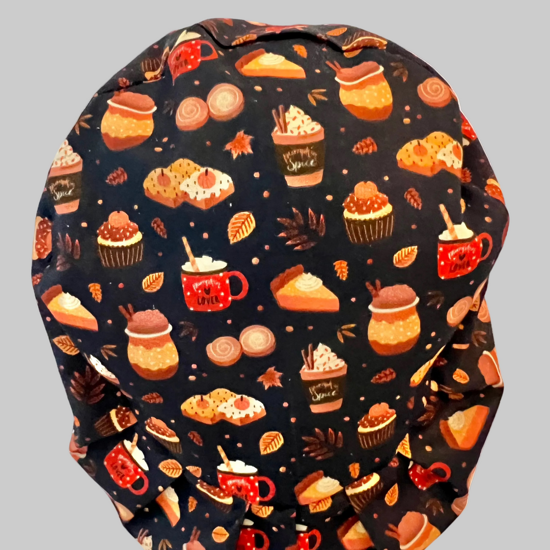 Euro Fall Pumpkin Spice Scrub Cap | Autumn Coffee & Dessert Surgical Hat | Adjustable OR Cap for Nurses & Surgeons | Satin Lining Option | Back View