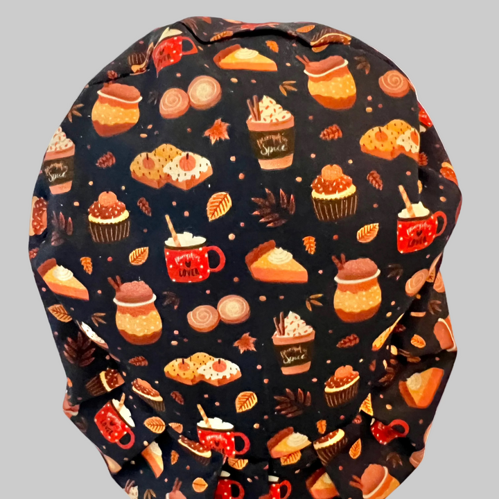 Euro Fall Pumpkin Spice Scrub Cap | Autumn Coffee &amp; Dessert Surgical Hat | Adjustable OR Cap for Nurses &amp; Surgeons | Satin Lining Option | Back View