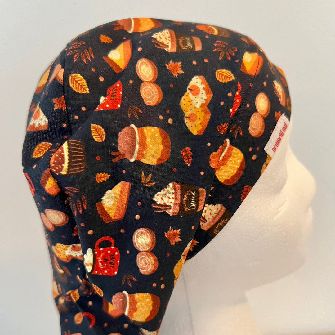 Euro Fall Pumpkin Spice Scrub Cap | Autumn Coffee &amp; Dessert Surgical Hat | Adjustable OR Cap for Nurses &amp; Surgeons | Satin Lining Option | Side view 2