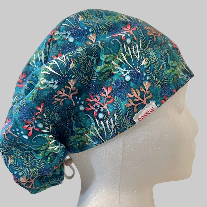 Under the Sea Euro Scrub Cap | Ocean Coral Surgical Cap | Adjustable Elastic Medical Hat | OR Nurse Cap