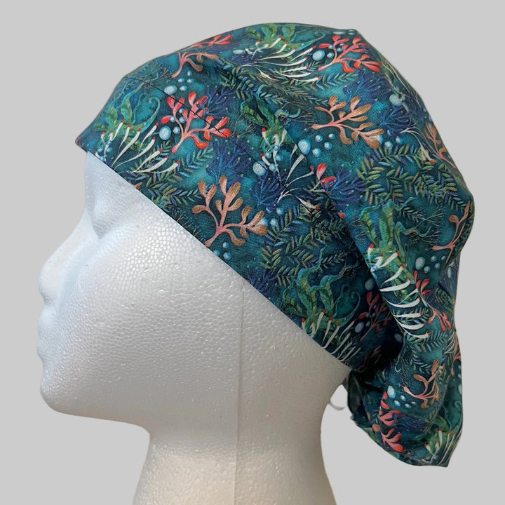Under the Sea Euro Scrub Cap | Ocean Coral Surgical Cap | Adjustable Elastic Medical Hat | OR Nurse Cap