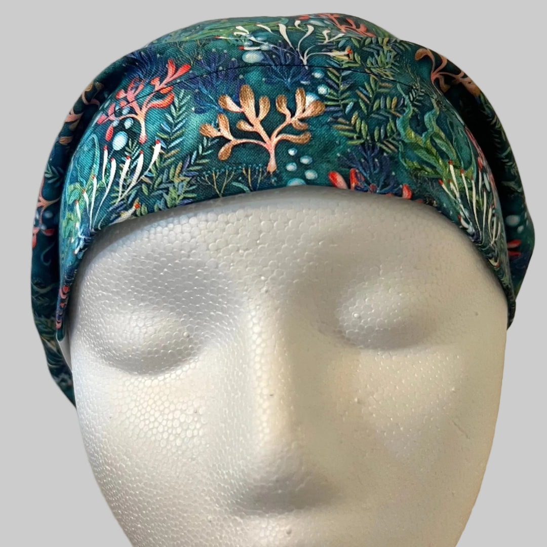 Under the Sea Euro Scrub Cap | Ocean Coral Surgical Cap | Adjustable Elastic Medical Hat | OR Nurse Cap