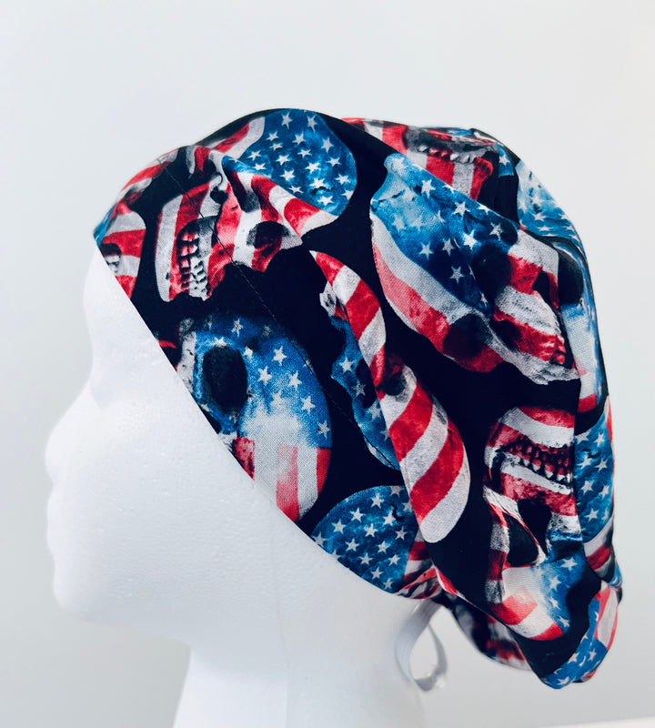 Euro Style Skull Scrub Cap Patriotic – American Flag Skull Surgical Hat – Adjustable Nurse Doctor OR Cap Red White Blue