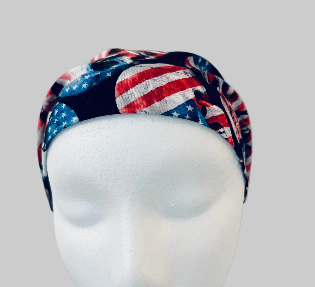 Euro Style Skull Scrub Cap Patriotic – American Flag Skull Surgical Hat – Adjustable Nurse Doctor OR Cap Red White Blue