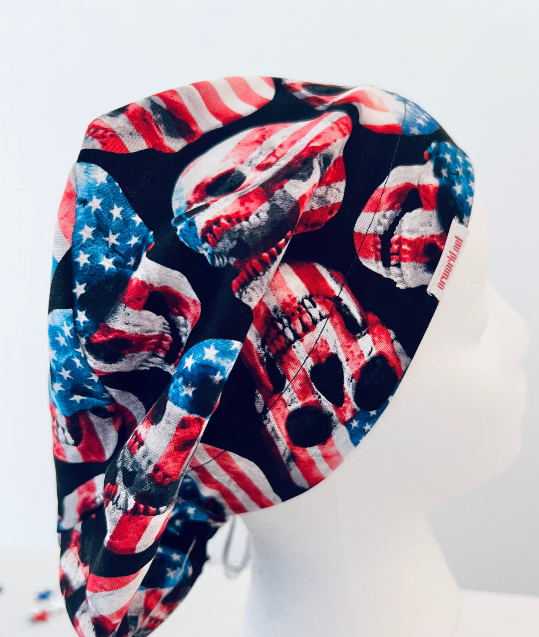 Euro Style Skull Scrub Cap Patriotic – American Flag Skull Surgical Hat – Adjustable Nurse Doctor OR Cap Red White Blue