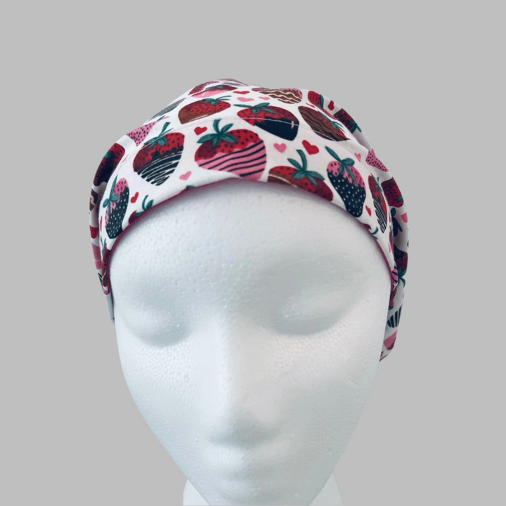 Euro Scrub Cap | Valentine’s Day Nurse Hat | Chocolate-Covered Strawberry Scrub Hat | Pink Strawberry Surgical Cap