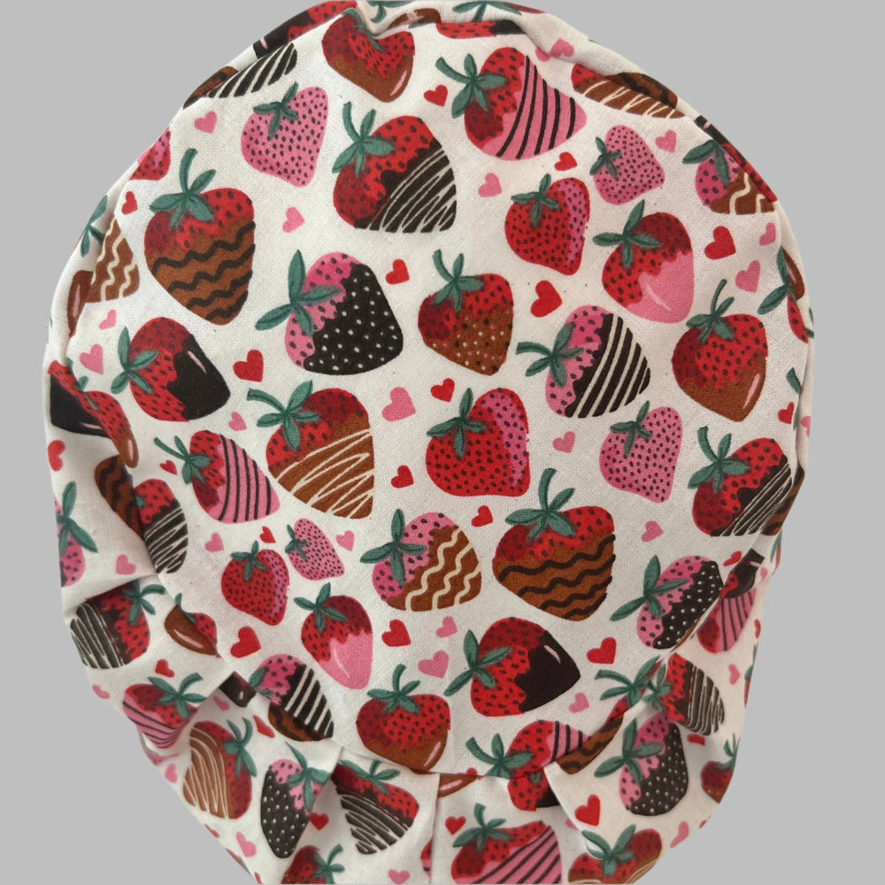 Euro Scrub Cap | Valentine’s Day Nurse Hat | Chocolate-Covered Strawberry Scrub Hat | Pink Strawberry Surgical Cap