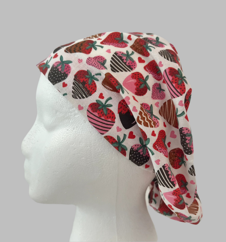 Euro Scrub Cap | Valentine’s Day Nurse Hat | Chocolate-Covered Strawberry Scrub Hat | Pink Strawberry Surgical Cap