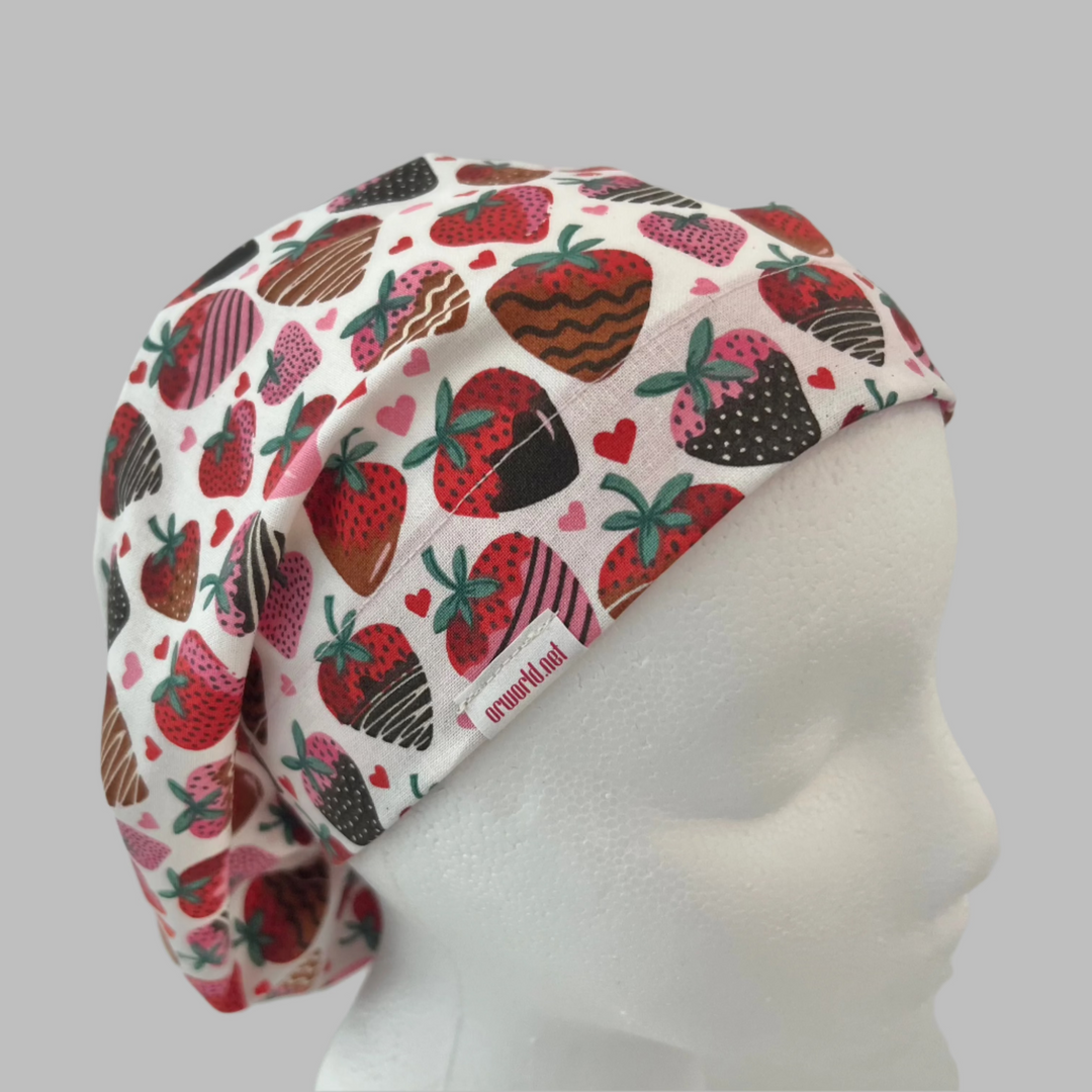 Euro Scrub Cap | Valentine’s Day Nurse Hat | Chocolate-Covered Strawberry Scrub Hat | Pink Strawberry Surgical Cap
