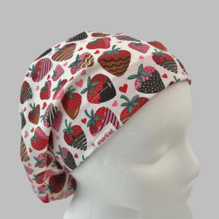 Euro Scrub Cap | Valentine’s Day Nurse Hat | Chocolate-Covered Strawberry Scrub Hat | Pink Strawberry Surgical Cap