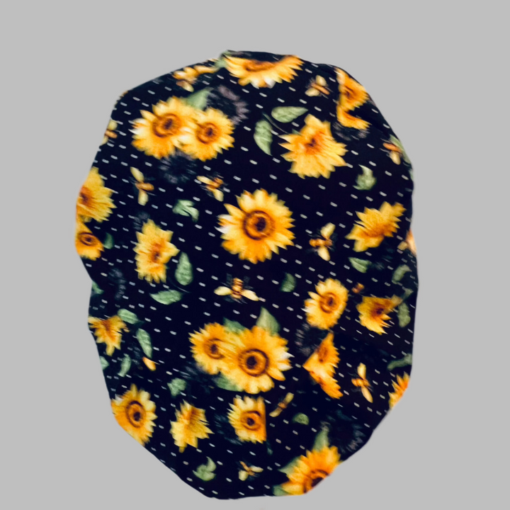 Bee Grateful Euro Scrub Cap – Sunflower Surgical Cap with Bees, Adjustable Elastic Back, Women’s Scrub Hat