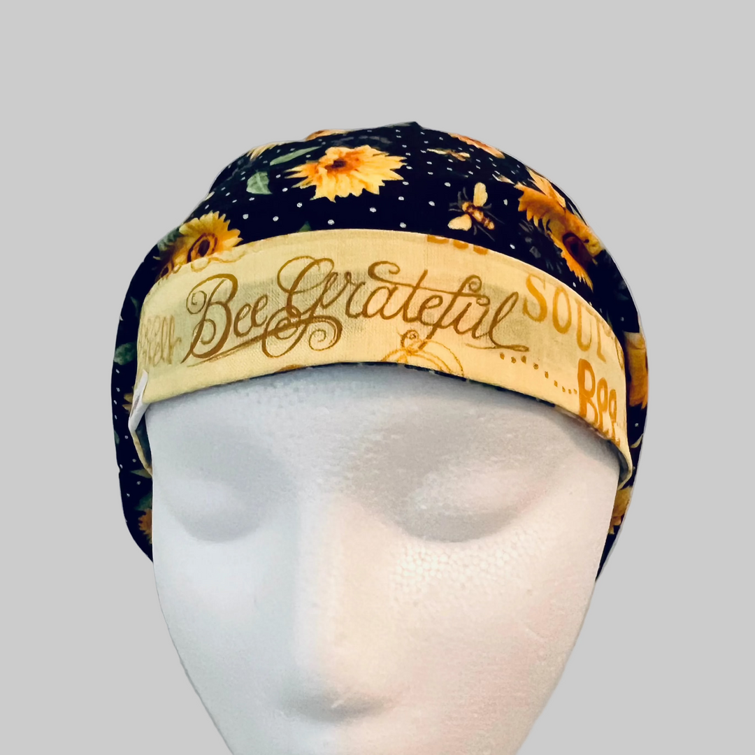 Bee Grateful Euro Scrub Cap – Sunflower Surgical Cap with Bees, Adjustable Elastic Back, Women’s Scrub Hat