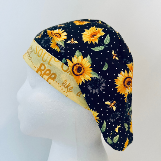 Bee Grateful Euro Scrub Cap – Sunflower Surgical Cap with Bees, Adjustable Elastic Back, Women’s Scrub Hat